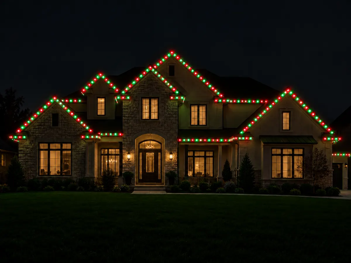 All Pro roofline lighting install in a Christmas color scene