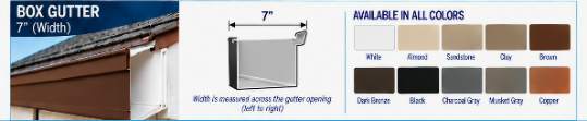 Box gutter profile cut-out showing a deep rectangular channel with a flat front and back flange, labeled Box Gutter