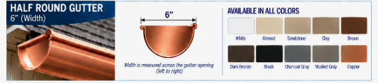 Half round gutter profile cut-out showing a semicircular trough and back flange, labeled Half Round Gutter